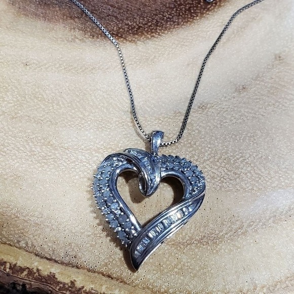 Sterling Silver Heart Necklace Diamond Accent Box Chain Pendant